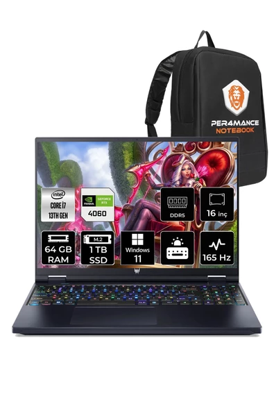 ACER PREDATOR İ7 13700HX 64GB RAM 1TB SSD RTX4060/8GB 165HZ 16'' QHD+ W11P HNQJQEY001 & PER4 ÇANTA