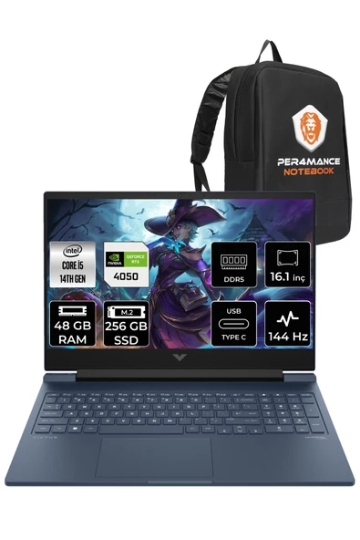 HP VİCTUS 16  i5-14500HX 48GB RAM 256GB SSD RTX4050/6GB 144Hz 16.1 FHD FDOS 9J265EA & PER4 ÇANTA