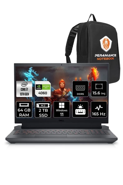 Dell G15 5530 i7 13650HX 64GB 2TB SSD RTX4060/8GB 140W 15.6'' FHD W11H G155530013 & PER4 ÇANTA