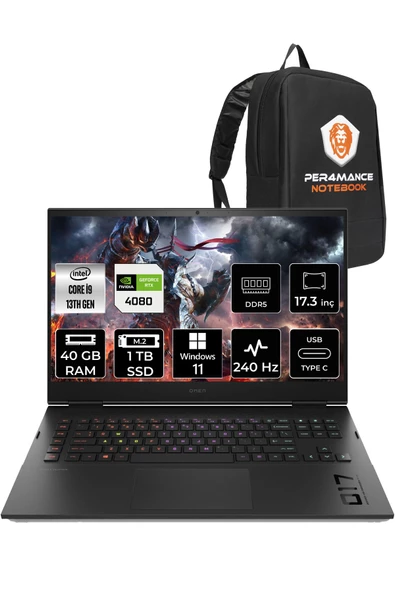 HP OMEN 17 i9 13900HX 40GB RAM 1TB SSD RTX4080/12GB 240Hz 17.3 QHD W11PRO 7P6D5EA & PER4 ÇANTA