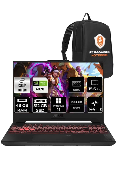 ASUS TUF GAMİNG i7 13620H 48GB 512GB SSD RTX4070/12GB 144Hz 15.6'' FHD W11H LP097 & PER4 ÇANTA