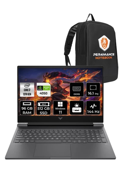 HP Victus 16 i7 13700H 96GB 512GB SSD RTX4050/6GB 16.1" 144Hz FHD W11HOME 7P643EA & PER4 ÇANTA