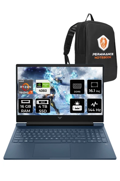 HP Victus 16 Ryzen 7 7840HS 16GB 4TB SSD RTX4060/8GB 144HZ 16.1" FHD FDOS 7Z586EA & PER4 ÇANTA