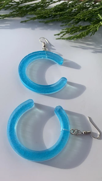 Transparan Mavi Renk Sedefli Gümüş Aksesuar C Harf Şekil Epoksi Küpe El Yapımı Hediyeli - 7