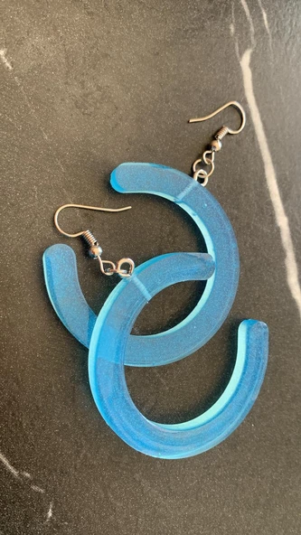 Transparan Mavi Renk Sedefli Gümüş Aksesuar C Harf Şekil Epoksi Küpe El Yapımı Hediyeli - 6