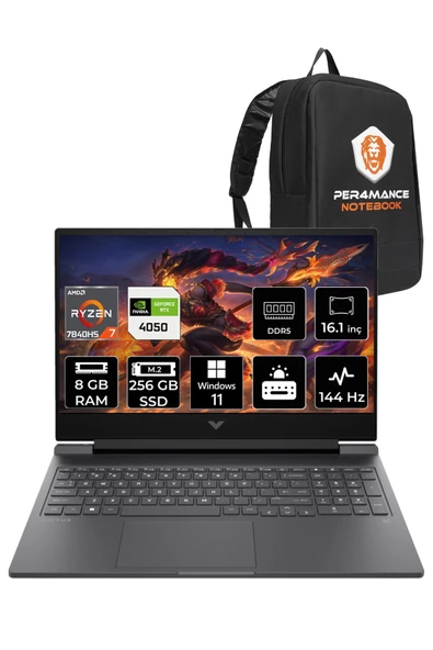 HP Victus 16 Ryzen 7 7840HS 8GB 256GB SSD RTX4050/6GB 16.1" 144Hz FHD W11P 7Z587EA & PER4 ÇANTA