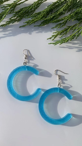 Transparan Mavi Renk Sedefli Gümüş Aksesuar C Harf Şekil Epoksi Küpe El Yapımı Hediyeli - 5