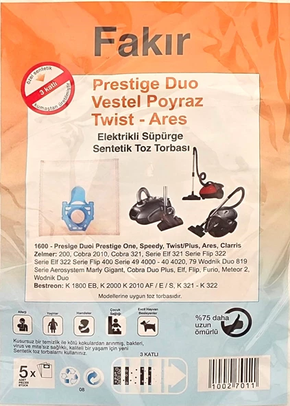 Fakir prestige duo vestel poyroz twist ares süpürge torbası 5li - 2