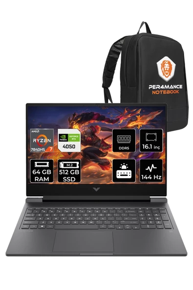 HP Victus 16 Ryzen 7 7840HS 64GB 512GB SSD RTX4050/6GB 144HZ 16.1" FHD FDOS 892P9EA & PER4 ÇANTA