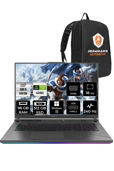 ASUS ROG Strix G18 i9-14900HX 96GB 512GB SSD RTX4090/16GB 240Hz 18" WQXGA W11H N6100 & PER4 ÇANTA