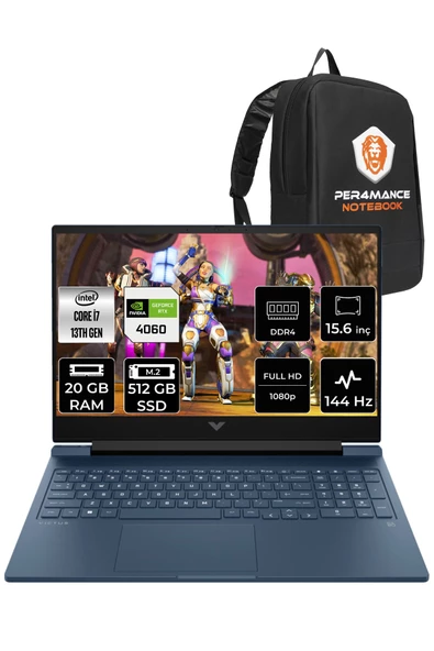 HP Victus 15 i7 13700H 20GB RAM 512GB SSD RTX4060/12GB 144Hz 15.6'' FHD FDOS 8U844EA & PER4 ÇANTA