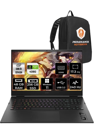 HP OMEN 17 i9 13900HX 48GB 256GB SSD RTX4080/12GB 240HZ 17.3'' FHD W11PRO 892R0EA & PER4 ÇANTA