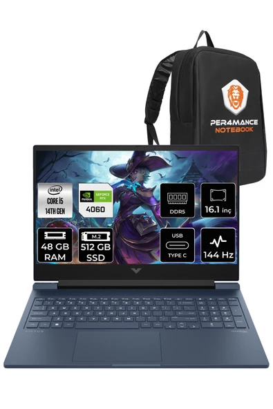 HP VİCTUS 16  i5-14500HX 48GB RAM 512GB SSD RTX4060/8GB 144Hz 16.1 FHD FDOS 9J260EA & PER4 ÇANTA