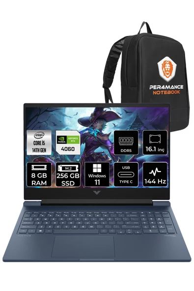 HP VİCTUS 16  i5-14500HX 8GB RAM 256GB SSD RTX4060/8GB 144Hz 16.1 FHD W11PRO 9J251EA & PER4 ÇANTA