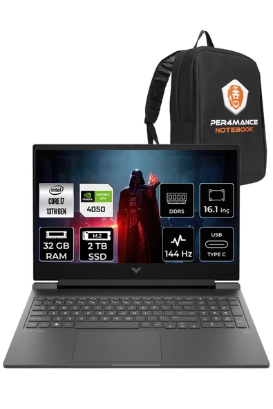 HP Victus 16 i7-13700H 32GB 2TB SSD RTX4050/6GB 144HZ 16.1" FHD FDOS 8W8A5EA & PER4 ÇANTA
