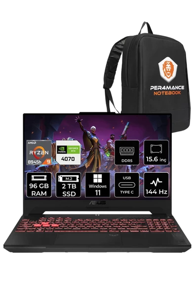 ASUS TUF Gaming Ryzen 9 8945H 96GB 2TB SSD RTX4070 144Hz 15.6'' FHD W11HOME LP124 & PER4 ÇANTA