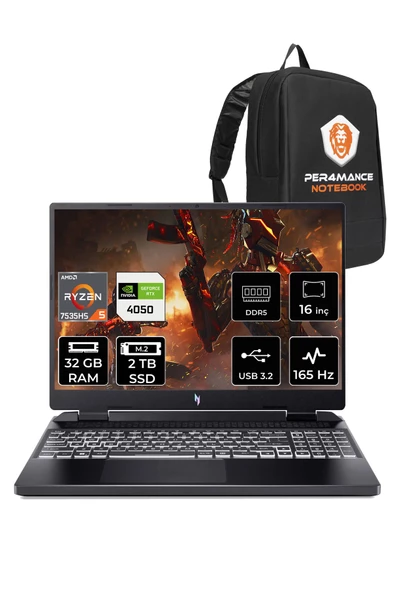 ACER Nitro 16 R5 7535HS 32GB 2TB SSD RTX4050/6GB 165HZ 16'' WUXGA FDOS NH.QKBEY.003 & PER4 ÇANTA
