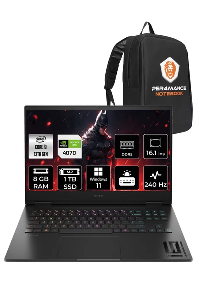 HP OMEN 16 i9-13900HX 8GB RAM 1TB SSD RTX4070/8GB 240HZ 16.1 QHD W11HOME 7Q7W7EA & PER4 ÇANTA