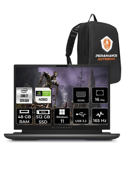 Dell Alienware M16 i7-13700HX 48GB RAM 512GB SSD RTX4060/8GB 165HZ 16 QHD+ W11PRO & PER4 ÇANTA