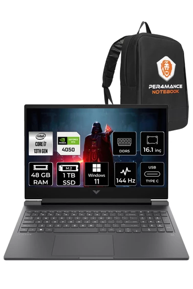 HP Victus 16 i7-13700H 48GB 1TB SSD RTX4050/6GB 144HZ 16.1" FHD W11P 8W8A5EA & PER4 ÇANTA