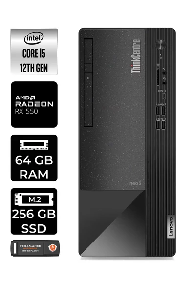 LENOVO Neo 50T i5 12400 64GB RAM 256GB SSD RX550/4GB W11HOME 11SE00BJTX MASAÜSTÜ PC & PER4 BELLEK