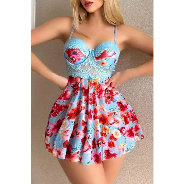 Lucky Life Kadın Mavi Çiçekli Askılı Mini Gecelik