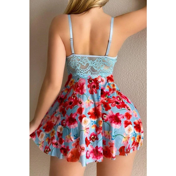 Lucky Life Kadın Mavi Çiçekli Askılı Mini Gecelik - 3