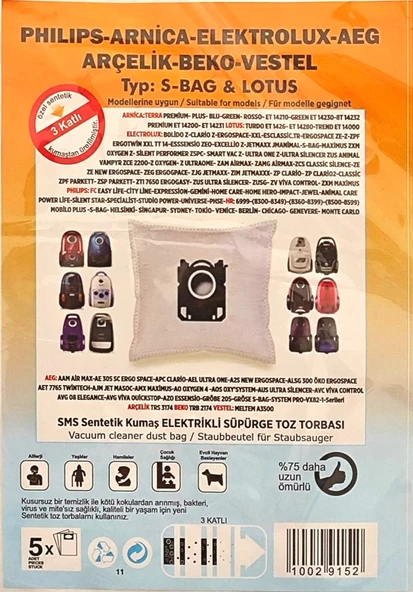 Philips Arnica Elektrokux Aeg Arçelik Beko Vestel  s bag Lotus süpürge torbası 5li - 2