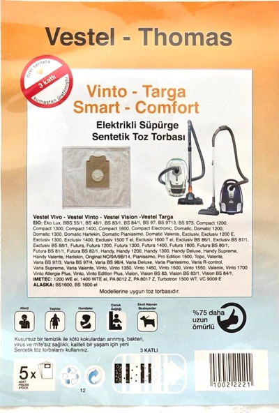 Vestel thomas vinto targa smart comfort süpürge torbası 5li - 2