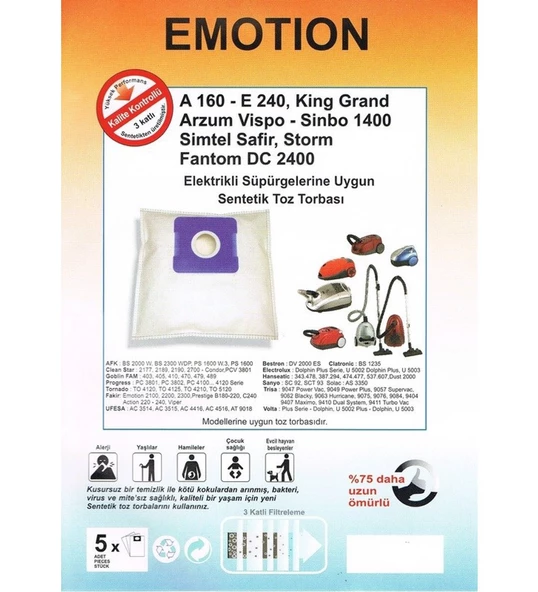 Emotion Arzum vispo Simbo Simtel Safir Storm Fantom süpürge torbası 5li - 2