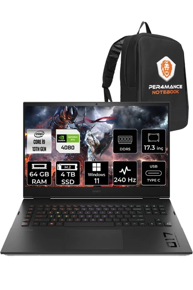 HP OMEN 17 i9 13900HX 64GB RAM 4TB SSD RTX4080/12GB 240Hz 17.3 QHD W11PRO 7P6D5EA & PER4 ÇANTA