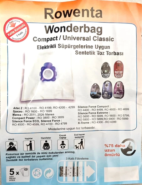 Rowenta wonderbag  compact süpürge torbası 5li - 2