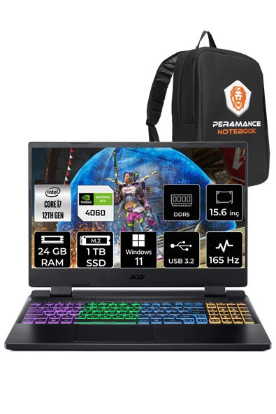 ACER Nitro 5 i7 12700H 24GB 1TB SSD RTX4060/8GB 165HZ 15.6" FHD W11P NH.QM0EY.002 & PER4 ÇANTA