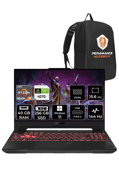 ASUS TUF Gaming Ryzen 9 8945H 40GB 256GB SSD RTX4070 144Hz 15.6'' FHD W11PRO LP124 & PER4 ÇANTA