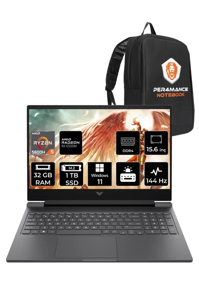 HP Victus 15 R5 5600H 32GB RAM 1TB SSD RX6500M 144Hz 15.6'' FHD W11P A42ZMEA & PER4 ÇANTA