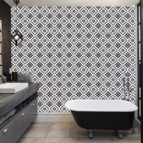 DecoHandy  Pvc Duvar Karosu 30x30cm 4'lü Paket - Siyah Beyaz Çini Desen  0,36m2 - 2