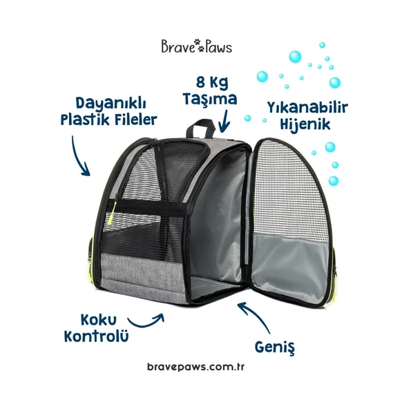 Brave Paws Piramit Model Kedi Köpek Çantası Yıkanabilir Hava Alan Plastik Fileli (GRİ) - 6