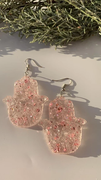 Epoksi İçine Pembe Glitter Süs Tırtıklı Kristal Desen Fatma Ana Eli Gümüş Aksesuar Küpe El Yapımı - Resim 5