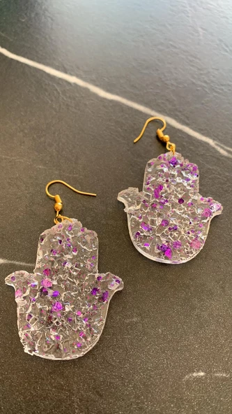 Epoksi İçine Mor Glitter Süs Tırtıklı Kristal Desen Fatma Ana Eli Küpe Gold Aksesuar El Yapımı - 8