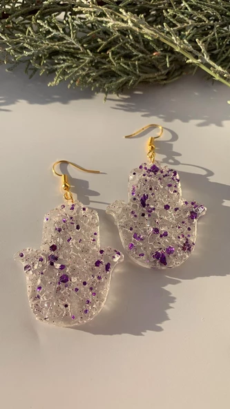 Epoksi İçine Mor Glitter Süs Tırtıklı Kristal Desen Fatma Ana Eli Küpe Gold Aksesuar El Yapımı - 5