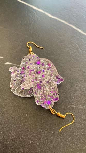 Epoksi İçine Mor Glitter Süs Tırtıklı Kristal Desen Fatma Ana Eli Küpe Gold Aksesuar El Yapımı - 2