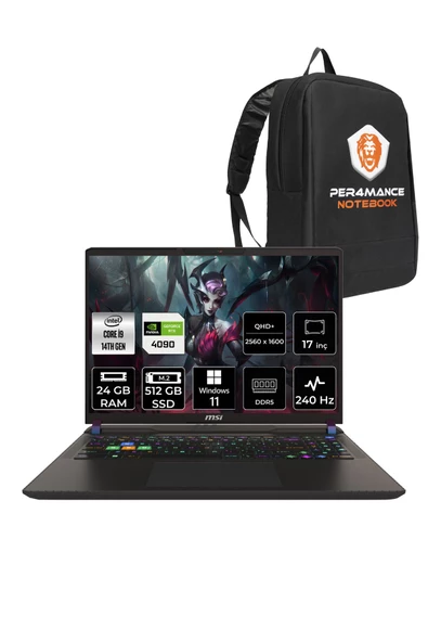 MSI Vector 17 HX i9-14900HX 24GB 512GB SSD RTX4090/16 17" QHD+ 240HZ W11H A14VIG-879XTR & PER4 ÇANTA