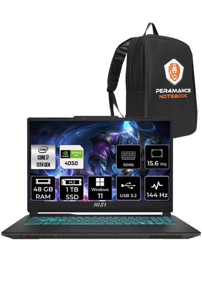 MSI Cyborg 15 i7-13620H 48GB 1TB SSD RTX4050/6GB 15.6" FHD 144HZ W11P A13VE-897XTR & PER4 ÇANTA