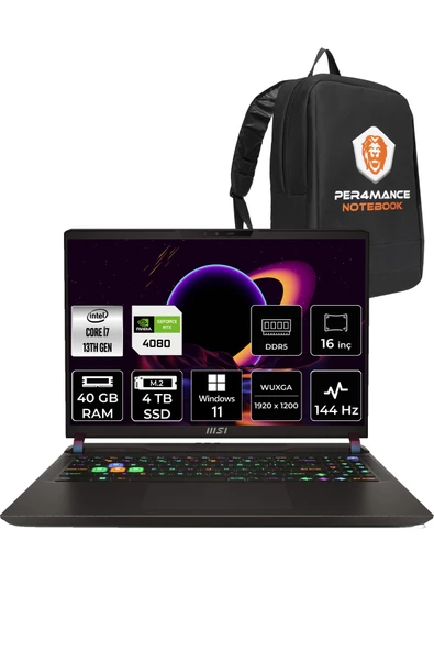 MSI Vector 16 i7 13700HX 40GB 4TB SSD RTX4080/12GB 16" FHD+ 144HZ W11P A13VHG-495TR & PER4 ÇANTA