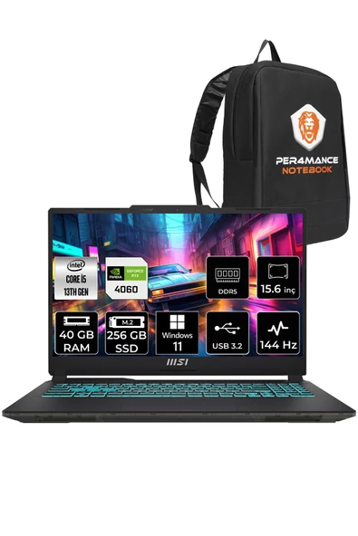 MSI Cyborg 15 i5-13420H 40GB 256GB SSD RTX4060/8GB 15.6" FHD 144HZ W11H A13VF-895XTR & PER4 ÇANTA