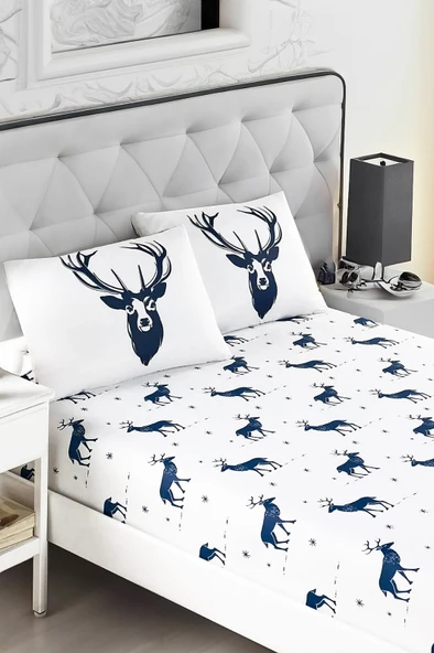Upstyle Pes Lastikli Çarşaf Seti Çift Kişilik Geyik Lacivert - Resim 3