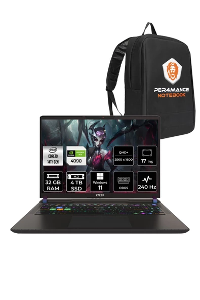 MSI Vector 17 HX i9-14900HX 32GB 4TB SSD RTX4090/16 17" QHD+ 240HZ W11P A14VIG-879XTR & PER4 ÇANTA