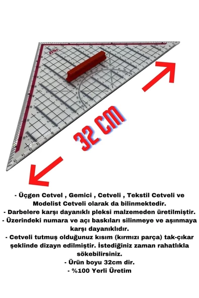 Artus Tedarik Üçgen Geoderik Cetvel 32 Cm Ekstra Tutuculu Ölçekli - 2