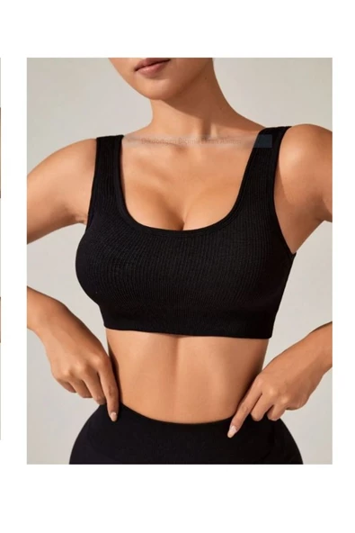 EDİ SHOP Kadın Siyah Süper Crop Fitilli Kaşkorse