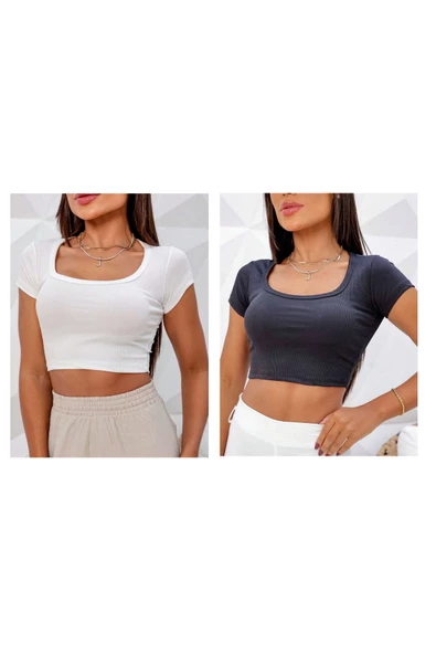 EDİ SHOP Kadın 2'Li Kare Yaka Kaşkorse Kısa Kollu Bluz Crop